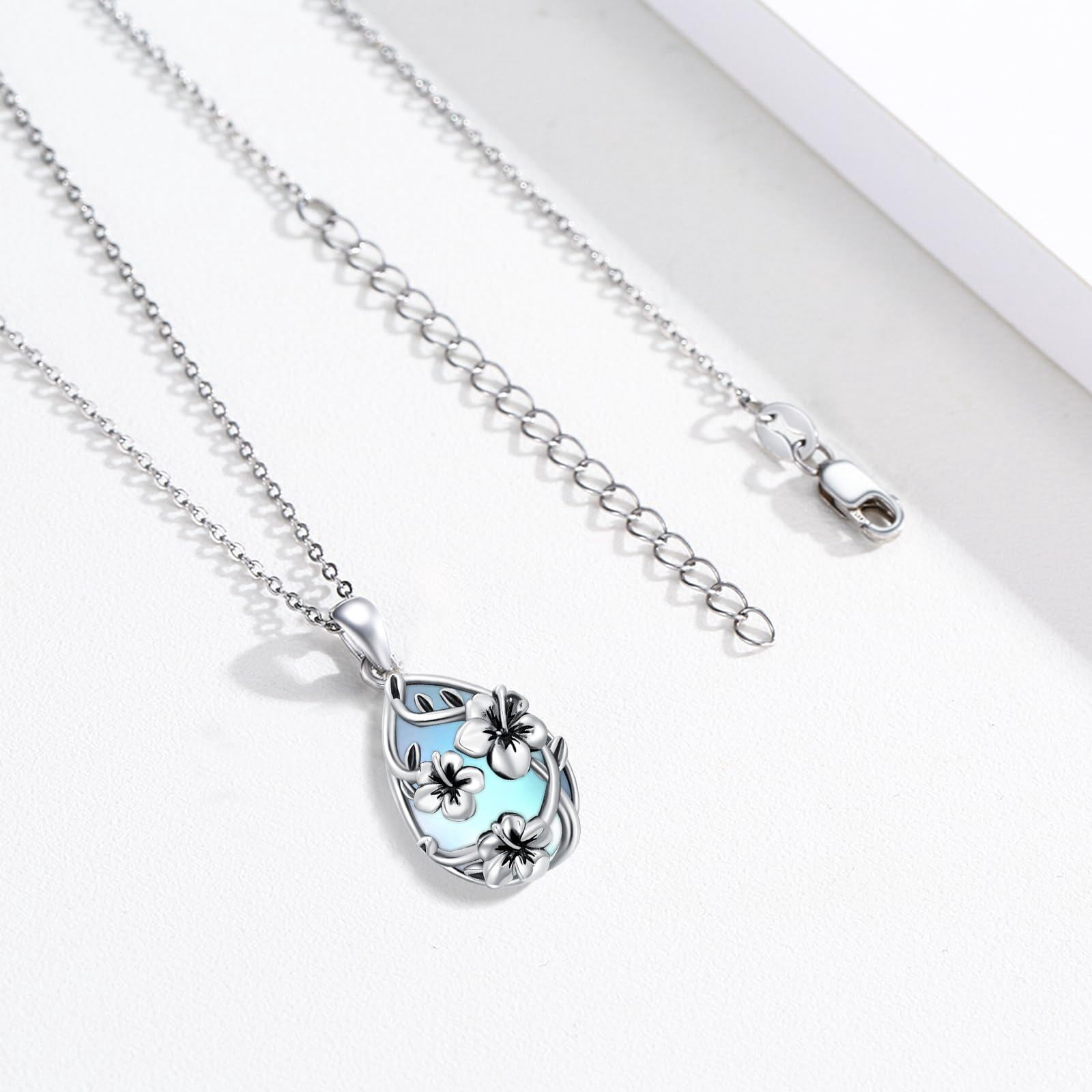 Coachuhhar Hibiscus Necklace 925 Sterling Silver Moonstone Hawaii Flower Pendant Necklace Hawaiian Jewelry Gifts Christmas for Women Mother Wife