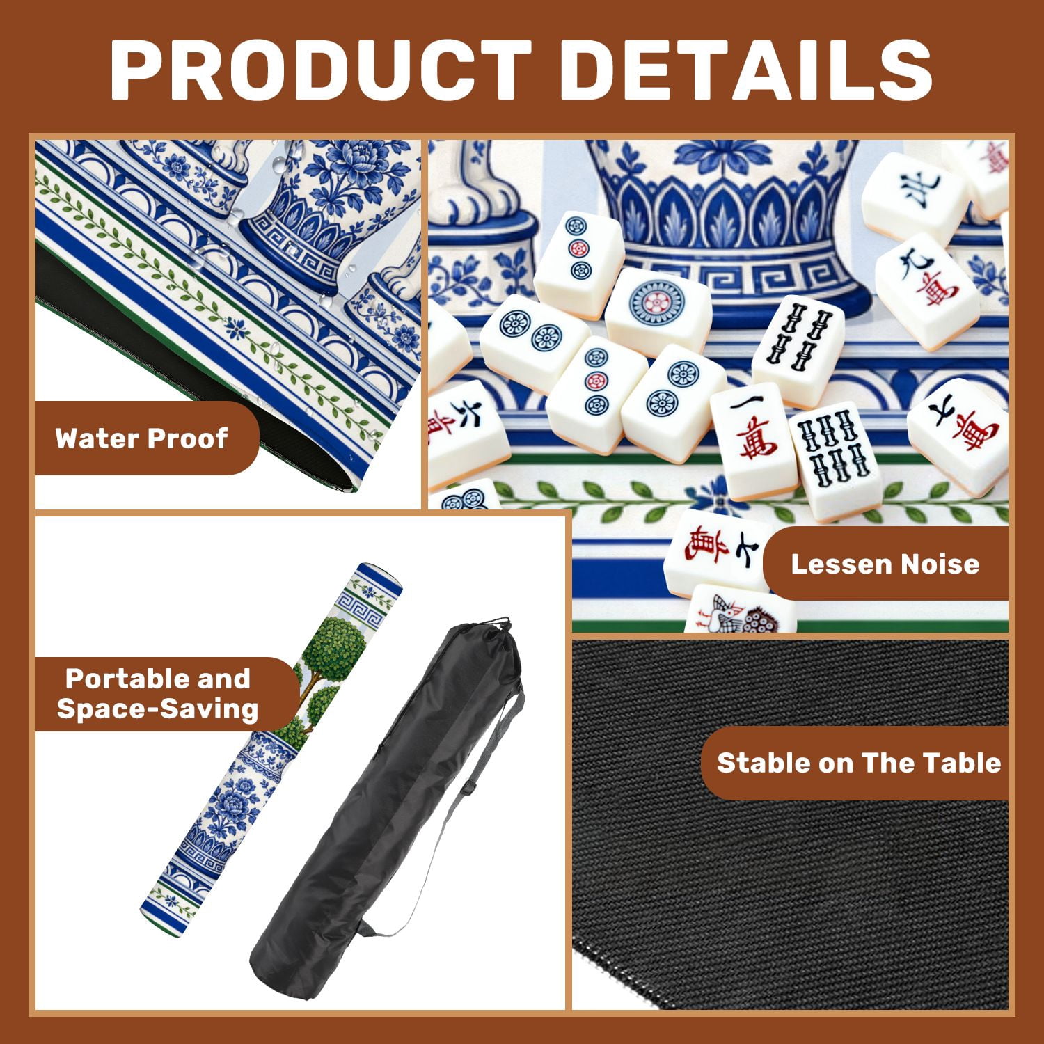 Mahjong Mat 31.5" x 31.5" Chinoiserie Chic Topiary Blue White Dogs Green Urns Non-Slip Noise Reduction Mahjong Tiles Table Cover for Dominoes Poker Card Board and Tile Games