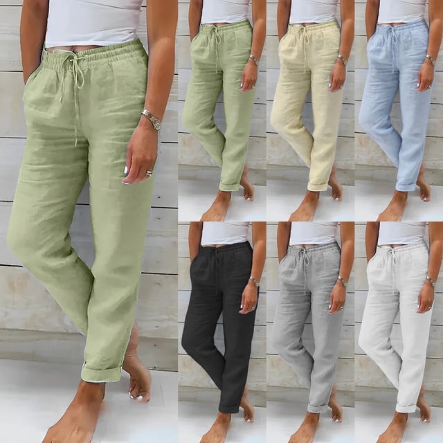 Ladies Casual Pants High Waisted Wide Leg Solid Color Linen Joggers White S