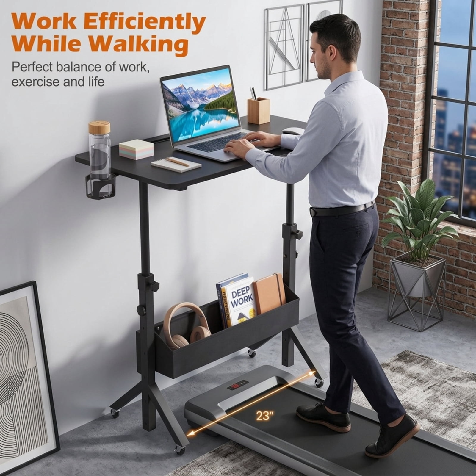 Furnibear Mobile Standing Desk and Height Adjustable Rolling Laptop Desk with Cup Holder Storage Basket and Locking Wheels for Small Spaces, Black