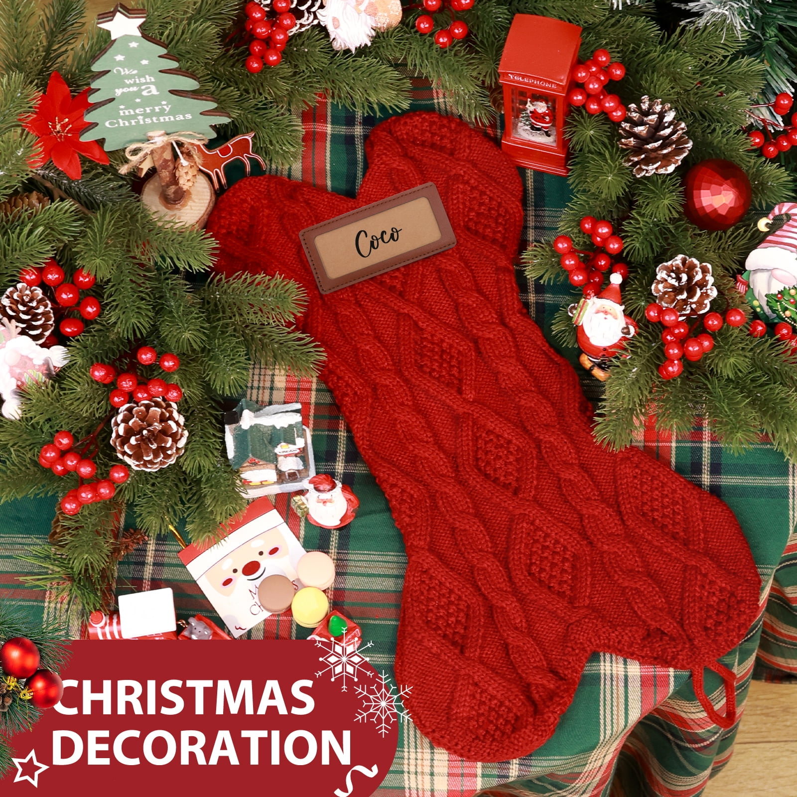 Ayieyill 18 Inch Dog Christmas Stocking, Bone Shape Stocking Christmas for Dog, Large Pet Stockings Hanging Christmas Decorations (Red)
