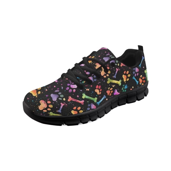 COEQINE Women Sneakers Puppy Footprint Tennis Shoes Fashion Sport Jogging Tennis Fitness Sneaker Black Sole Training Athletic Footwear, Colorful Paw Bone Splatter