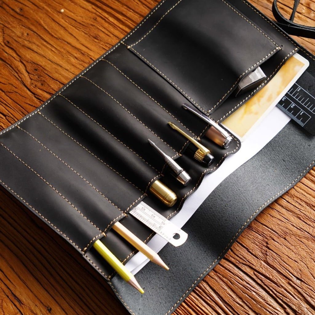 Leather Pen Roll Organizers Multiple Compartment Pencil Case For Student Artist