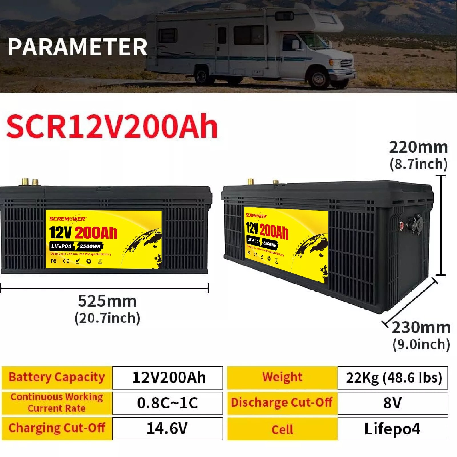 12V 200AH Lithium LiFePO4 Battery Bluetooth,SCREMOWER 200A BMS RV Batteries for Camping Trolling Motor Boat