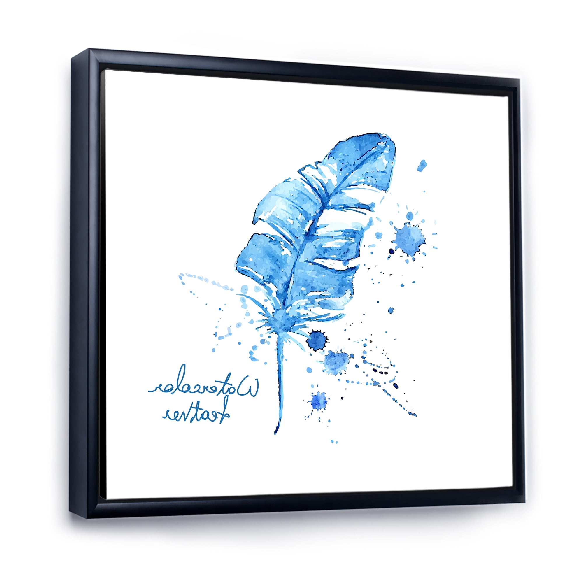 Ethnic Blue Feather On White 16 in x 16 in Framed Painting Canvas Art Print, by Designart