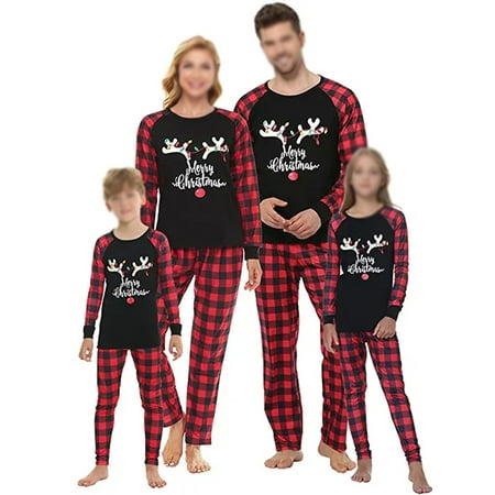 

Glookwis Mommy Dad Child Check Printed Matching Family Pajamas Set Patchwork Nightwear Elk Print Plaid PJ Sets Crew Neck Tops And Pants Sleepwear Black Child 4T(100)