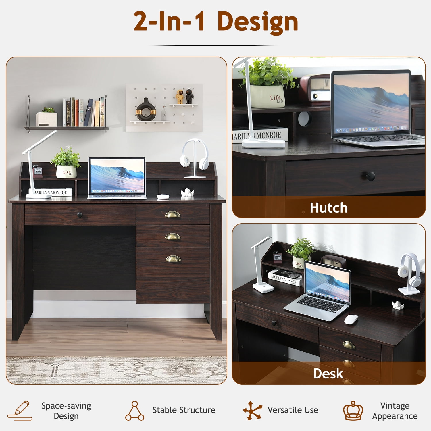Catrimown Computer Desk, 47.5 in Wood Home Office Desk with Hutch and 4 Drawers, Monitor Stand, Espresso Brown