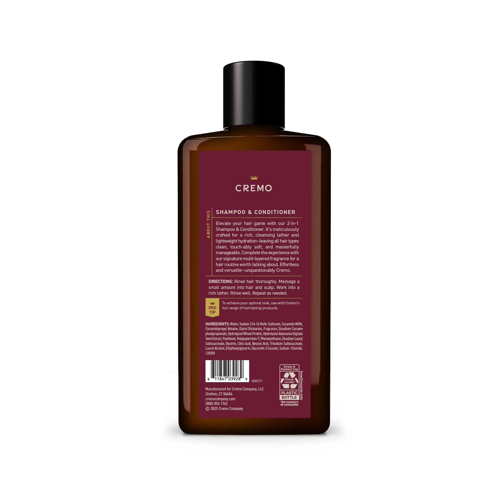 Cremo 2-in-1 Men's Shampoo & Conditioner, Whiskey Cherry Scent, 16 fl oz