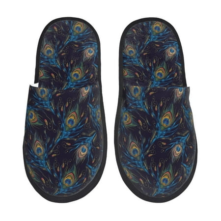 Balery Peacock Feathers Slient Indoor Furry Fleece Comfort House Shoes Soft Non-Slip Home Shoes Cotton slippers House Slippers-- Medium