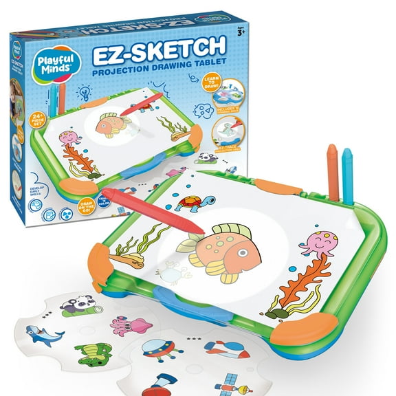 Playful Minds: EZ Sketch Projector Drawing Tablet - Trace & Color Light Up Art Kit, 64 Cartoon Animals & Images, 6 Markers, Learn To Draw Toy, Kids 3
