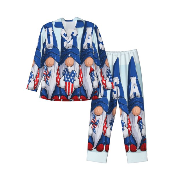 Balery Cute Gnomes in USA Pijama para Hombre de Dos Piezas con Manga Larga, Conjunto de Dormir y Descanso Suave con Bolsillos-Small
