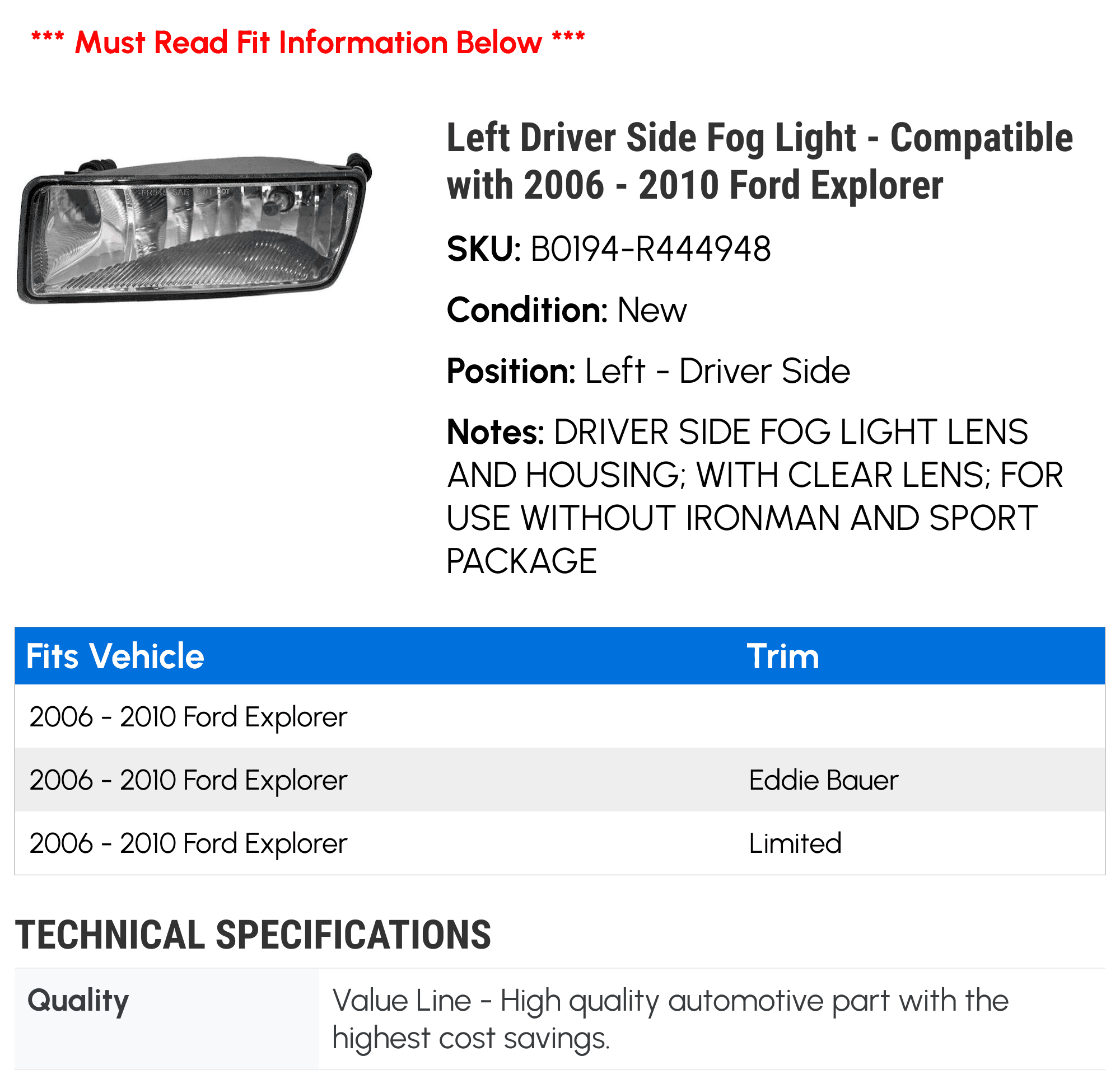 Left Driver Side Fog Light - Compatible with 2006 - 2010 Ford Explorer 2007 2008 2009