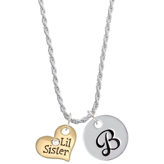 Delight Jewelry Goldtone Large Lil Sister Heart with Clear Crystal - Silvertone Script Initial Disc - B - Charm Necklace, 20"+3"