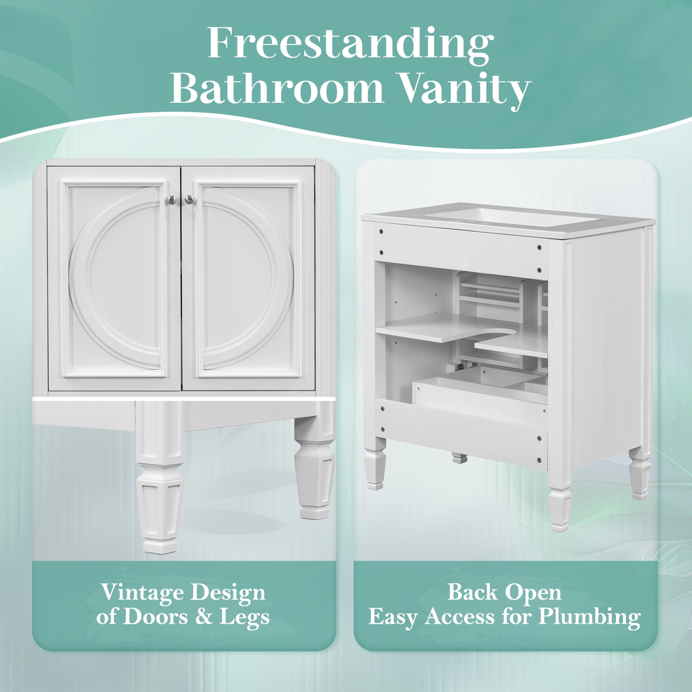 GDF Studio Vintage 30" Bathroom Vanity with Ceramic Sink, Soft-Close Door, and Ample Storage, White