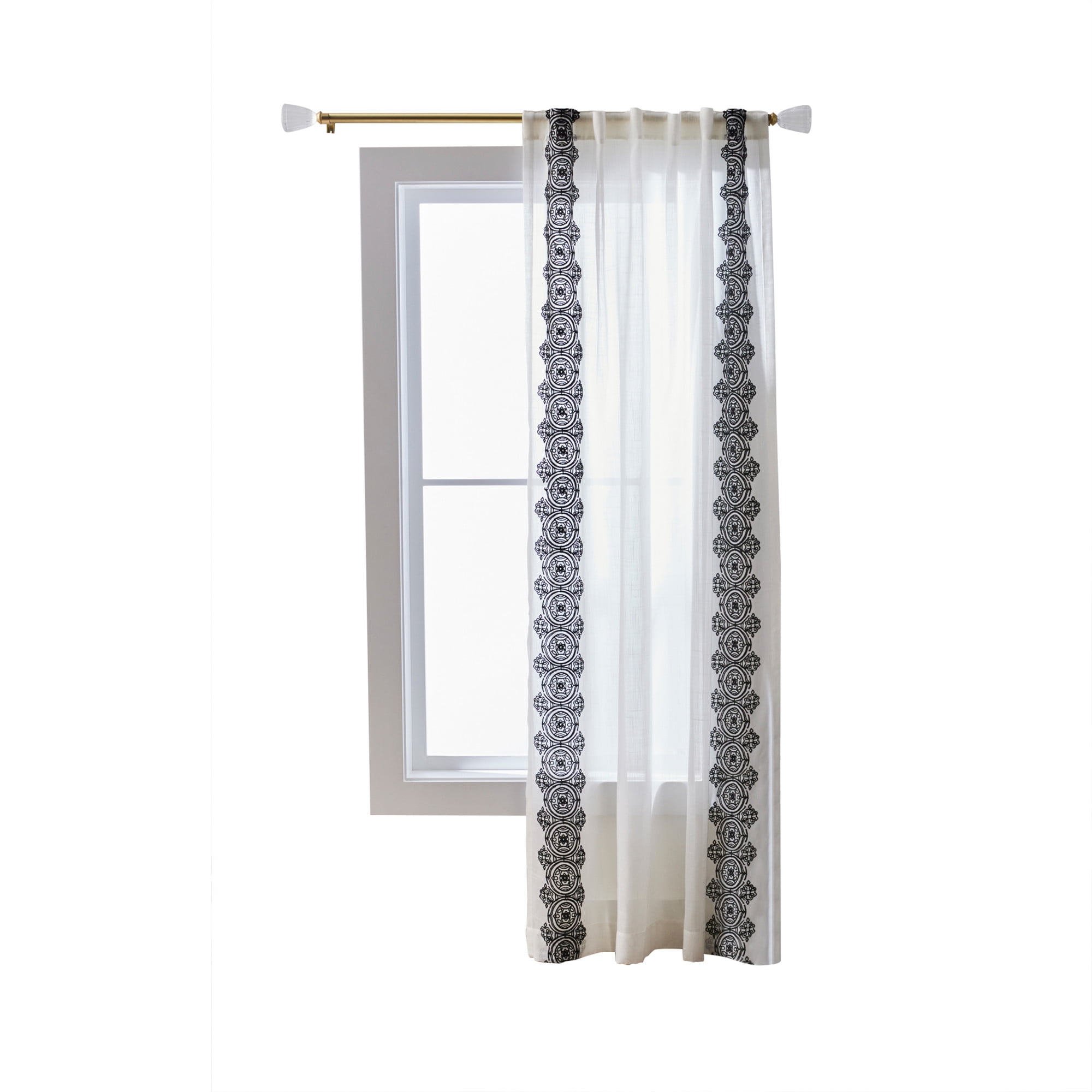 Better Homes & Gardens Embroidered Border Light Filtering Indoor Curtain Single Panel, Pole Top, Back Tab, Vanilla Dream, Rich Black, Polyester, Recycled Poly, 50"W x 84"L, Adult