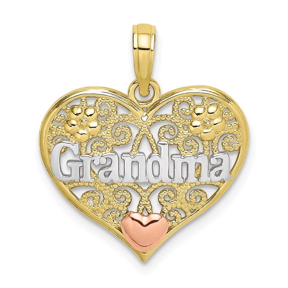 FB Jewels 10K Yellow and Rose Two Tone Gold Two Tone Wht Grandma In Filigree Heart with Pink Heart Accent Tri-Color Pendant