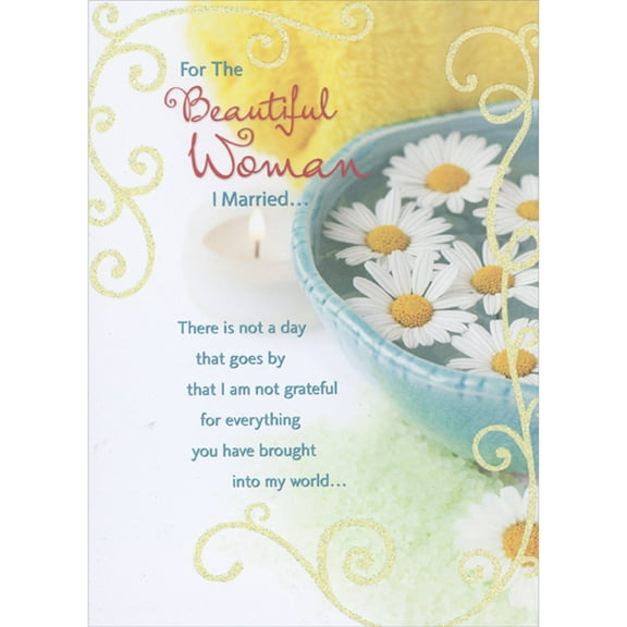 Designer Greetings Blue Bowl Filled with Water and Floating White Daisies: Grateful for Everything Mother's Day Card for Woman I Married : Wife