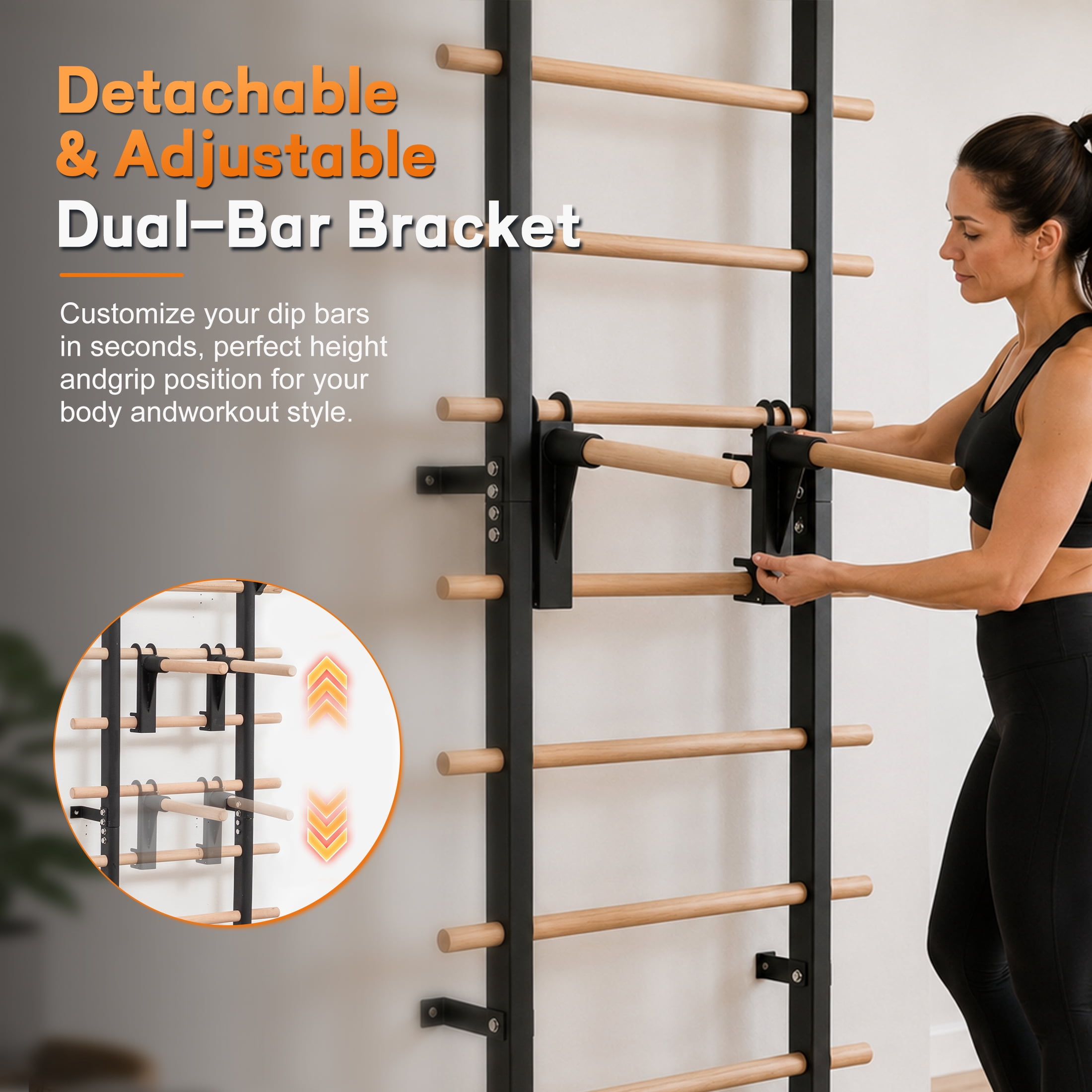 Wall Mount Swedish Ladder Home Gym Training Stall Bar with Adjustable Pull Up Dip Bars & Resistance Straps, Max 286lbs Capacity