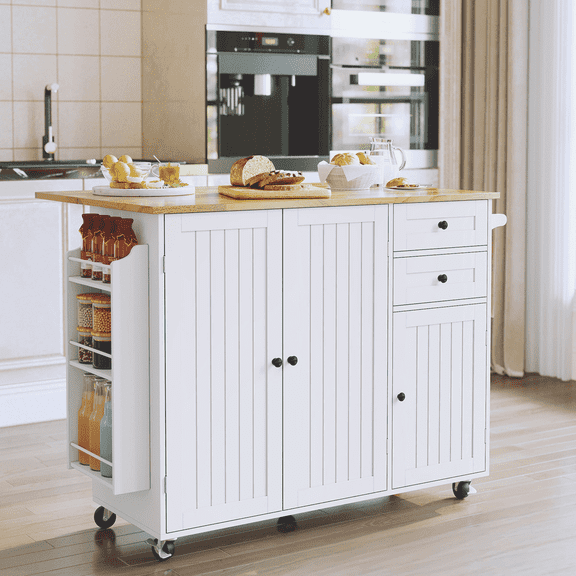 CBJCBJ 50.4" Kitchen Island with Storage, Wood Top Cart with Drop Leaf and Wheels, White