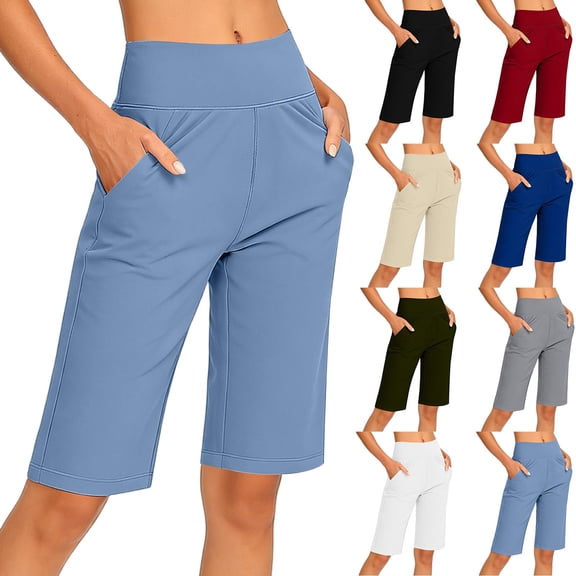 SwiftWear Women's Yoga Shorts High Waisted Knee Length Pockets Solid Color Soft Stretch Workout Running Athletic Shorts