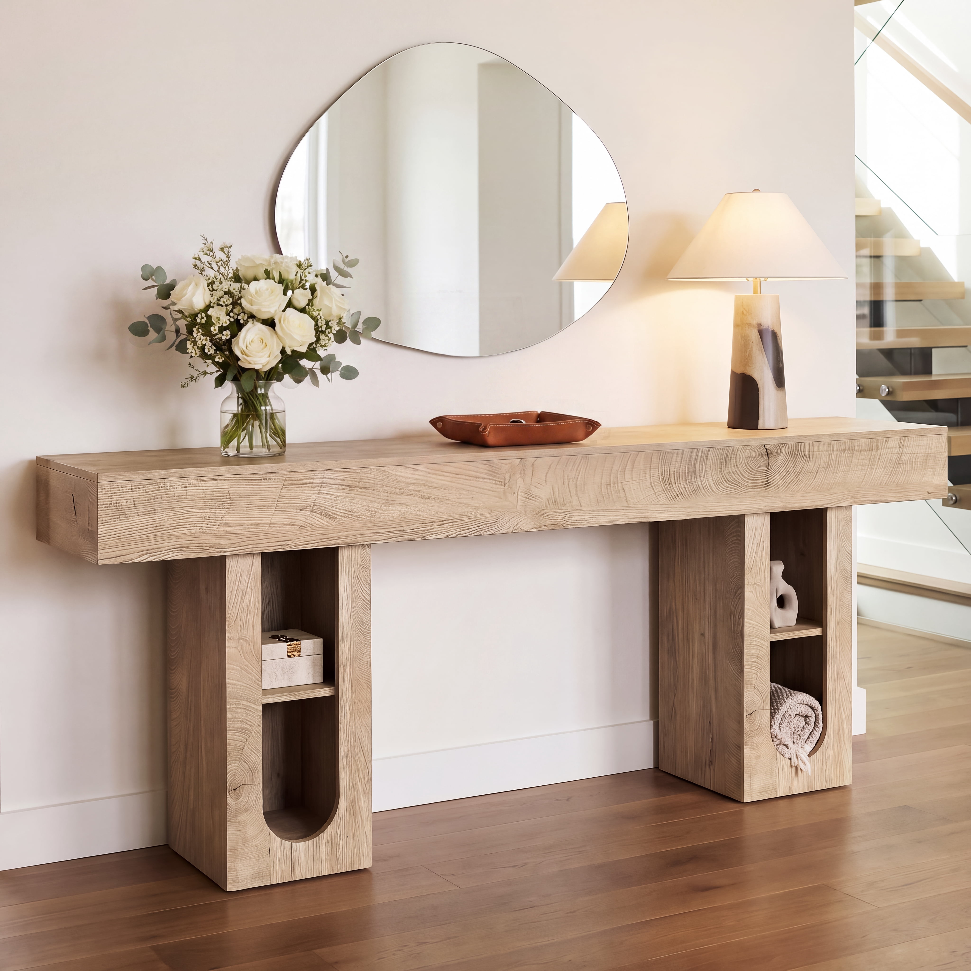 Mintazer 71" Modern U-Shaped Console Table with Charge Station, Entryway Table with Storage Shelves, Sofa Table for Entryway Hallway Living Room, Natural