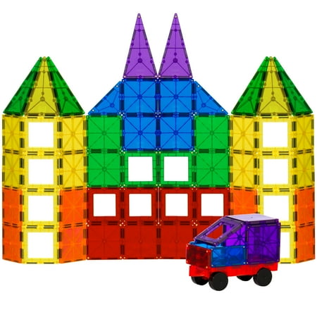 Best Choice Products 100-Piece Transparent Rainbow Magnetic Building Geometric Tiles w/ Wagon and Carrying Case - Multi