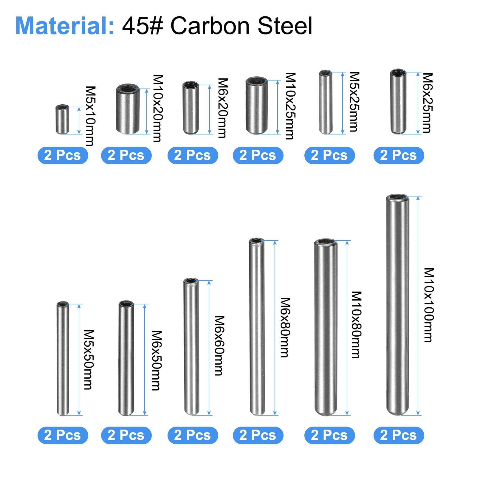 24pcs M3, M4, M6 Internal Thread Dowel Pin 12 Sizes Chamfering Flat Carbon Steel Cylindrical Pin Bed Bookshelf Metal Devices Industrial Pins