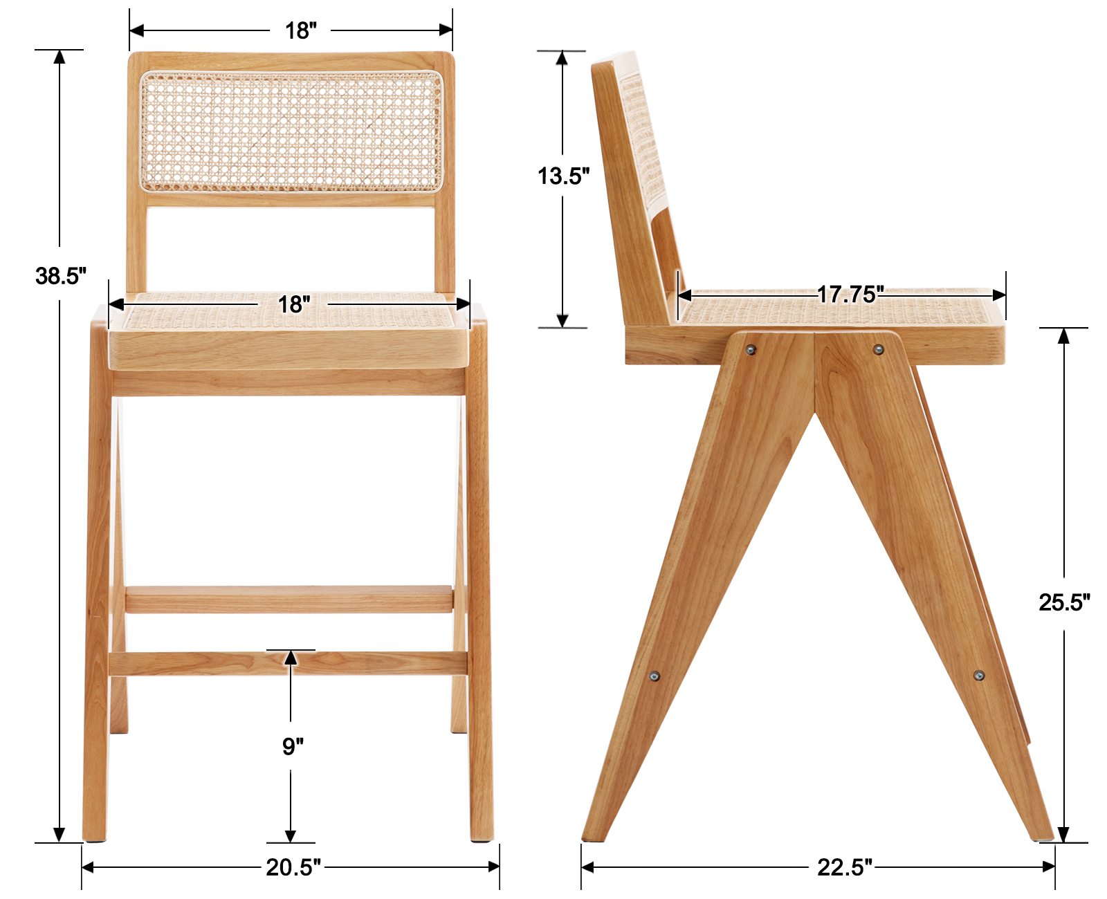 Dayalane 26" Rattan Counter Height Bar Stools Set of 2, French Bar Stools with Cane Back, Wooden Farmhouse Kitchen Chairs Counter Stools with Footrest for Kitchen Island Bistro Bar, Natural