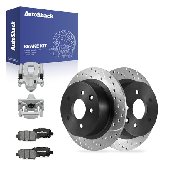 AutoShack Rear Solid Drilled & Slotted E-Coated Brake Rotors   Ceramic Pads   Calipers 8-PC Brake Kit Replacement for 2009-2023 Nissan Altima 2004-2008 Nissan Maxima ShadowGuard 11.48" (291.6 mm)