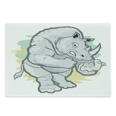 Rhinoceros Cutting Board, Angry Muscular Horned Animal Cartoon Pastel Tones, Decorative Tempered Glass Cutting and Serving Board, in 3 Sizes, by Ambesonne