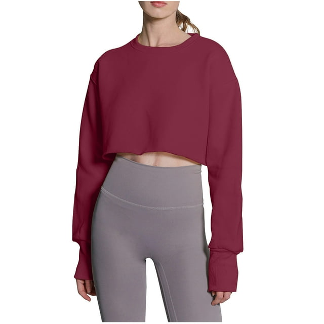 AherBiu Hauts Courts pour Femmes à Manches Longues d'Automne, T-Shirts à Col Rond, Épaules Tombantes, Confortables, Rembourrés, Chauds