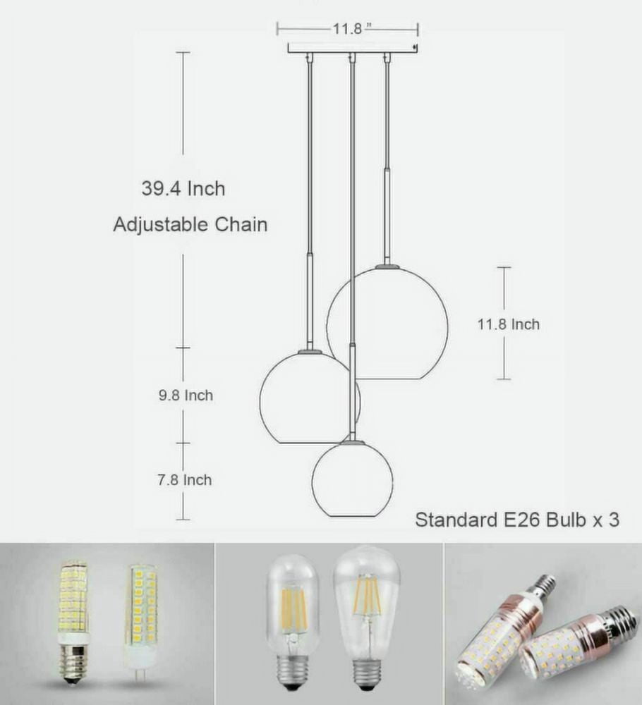 KPIBEST Modern Globe Pendant Light Fixtures 3-Light Vintage Industrial Hanging Ceiling Chandelier Ball Lamp for Kitchen Island Dining Room Bedroom Hallway Bar Cafe