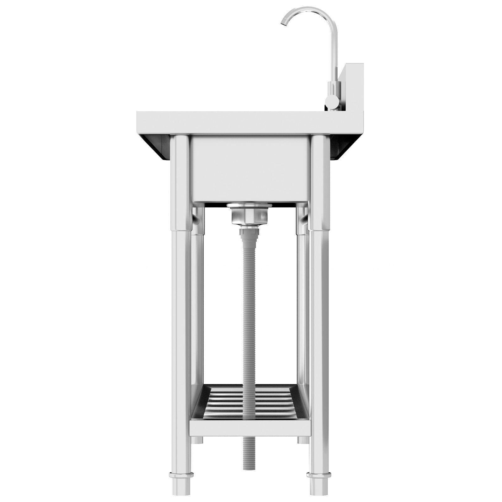 Single Bowl Utility Sink, Freestanding Wash Station, 47.3″×18.5″×33.6″ Kitchen Sink, with Swivel Faucet, Hot Cold Lines, Organizer Shelf, for Laundry, Backyard, Small Business