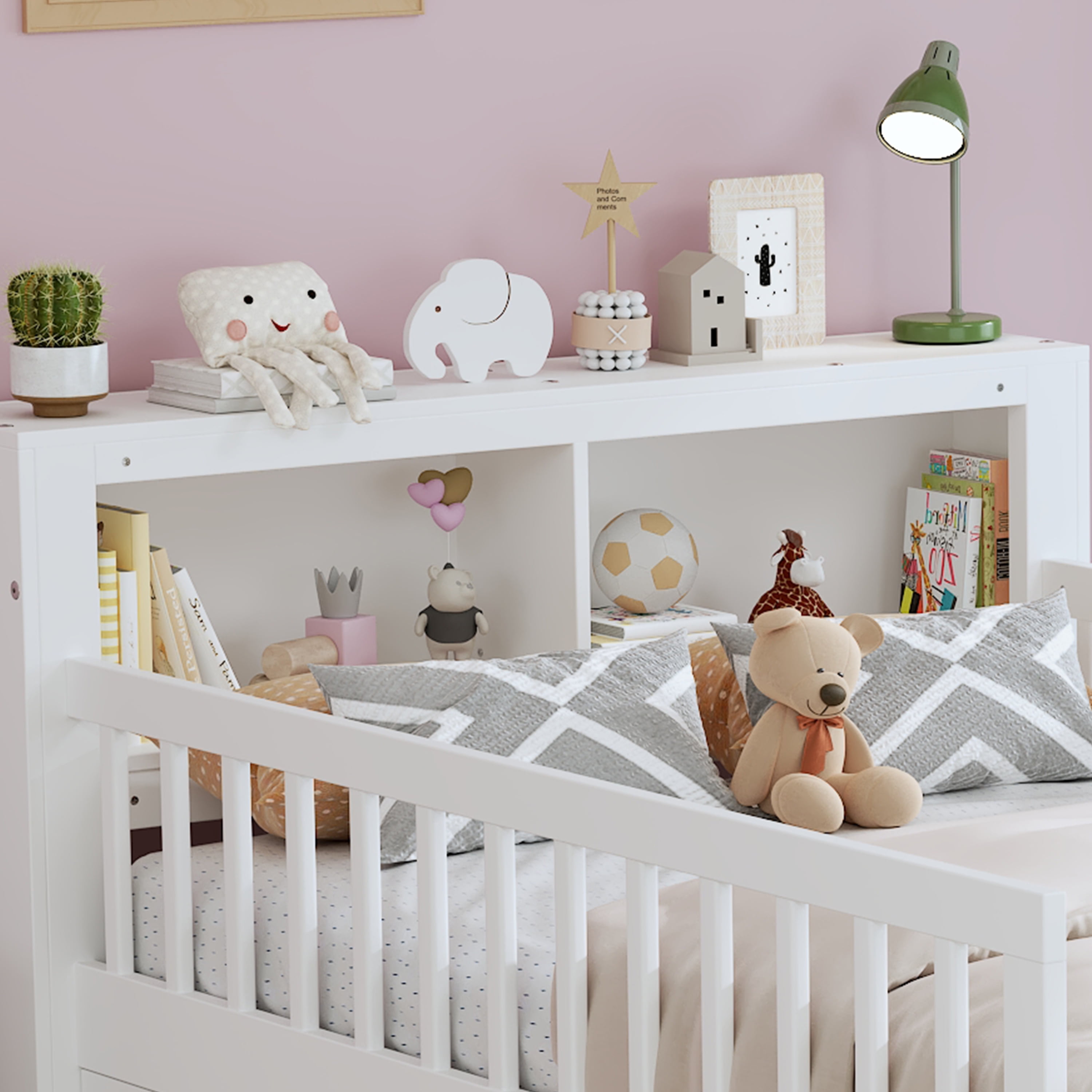 Euroco Wood Twin Size Platform Bed with Storage Headboard and Drawers, Low Profile Bed with Guardrails for Kids and Toddlers, White