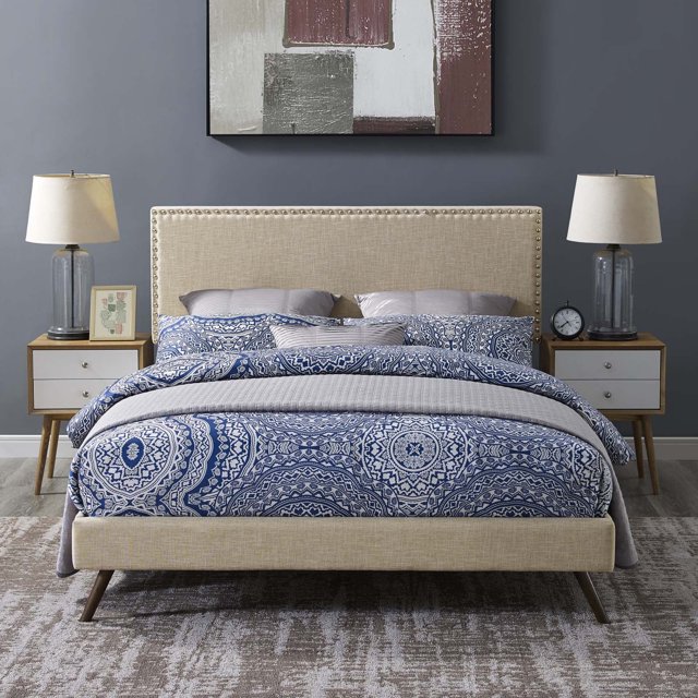 Modway Macie Lit Plateforme Grand en Tissu avec Pattes Rondes Évasées, Beige