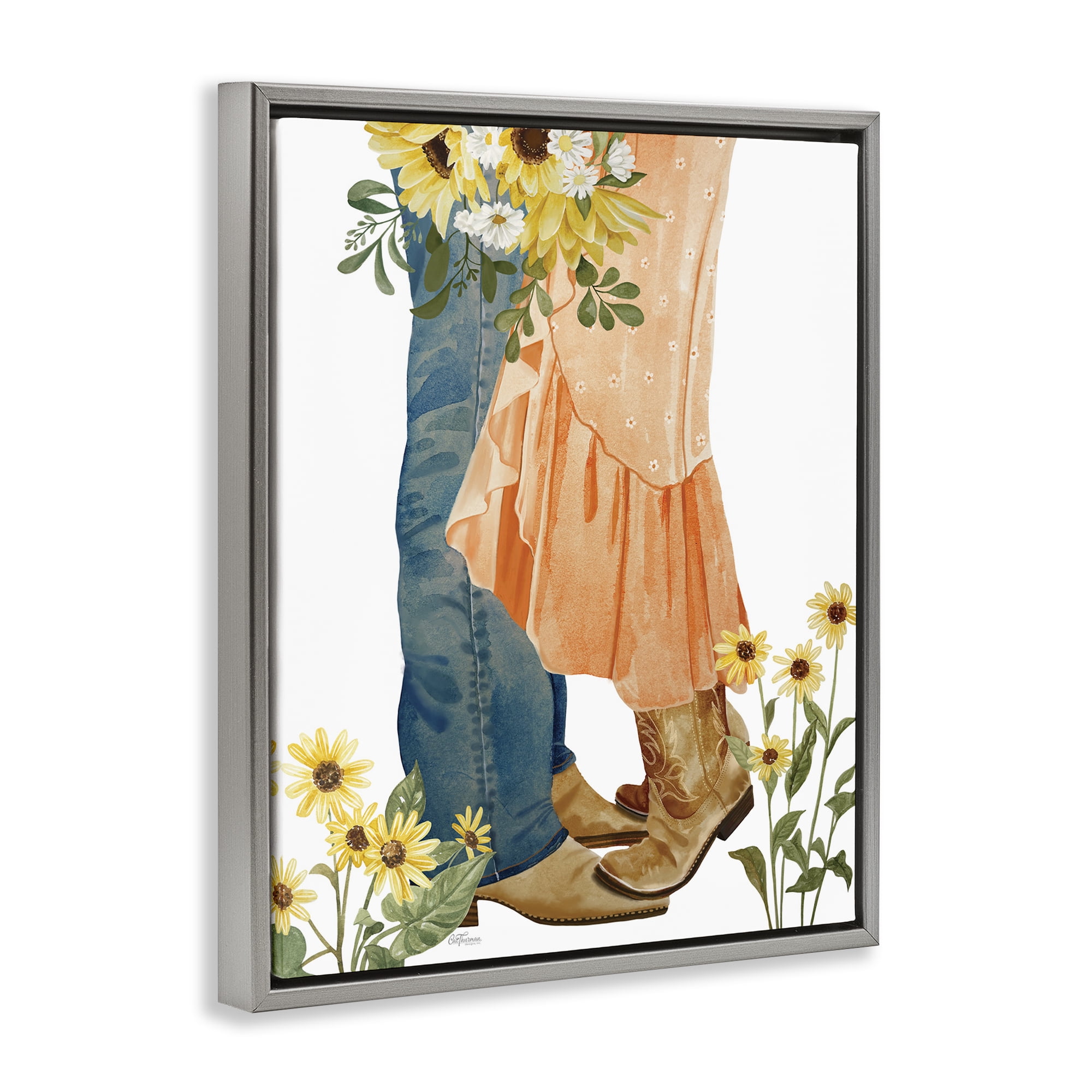 Stupell Industries Floral Western Couple Novelty Painting Gray Floater Framed Canvas Art Print Wall Art, 17 x 21