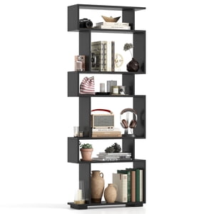 Patiojoy 6-tier Bibliothèque en forme de S 64" Bibliothèque ouverte Accueil Organisateur de bois Étagère de stockage autonome Noir