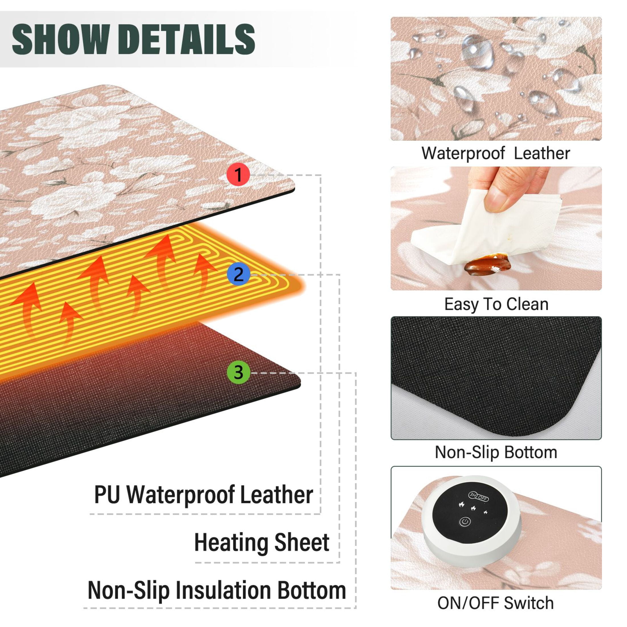 Large Heated Desk Mat Mouse Pad 31.5"x13"PU Leather Graphene Heating Desk Warmer with 3 Temperature Settings 110V US Plug Non-Slip Warm Pad for Home, Office, and Gaming Vintage Taupe Rose Print