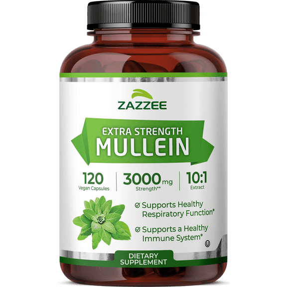 Zazzee Extra Strength Mullein 10:1 Extract – 3000 mg Strength – 120 Vegan Capsules – Supports Respiratory Health – 4-Month Supply – 100% Pure Leaf, All-Natural, Non-GMO, Kosher, Made in USA