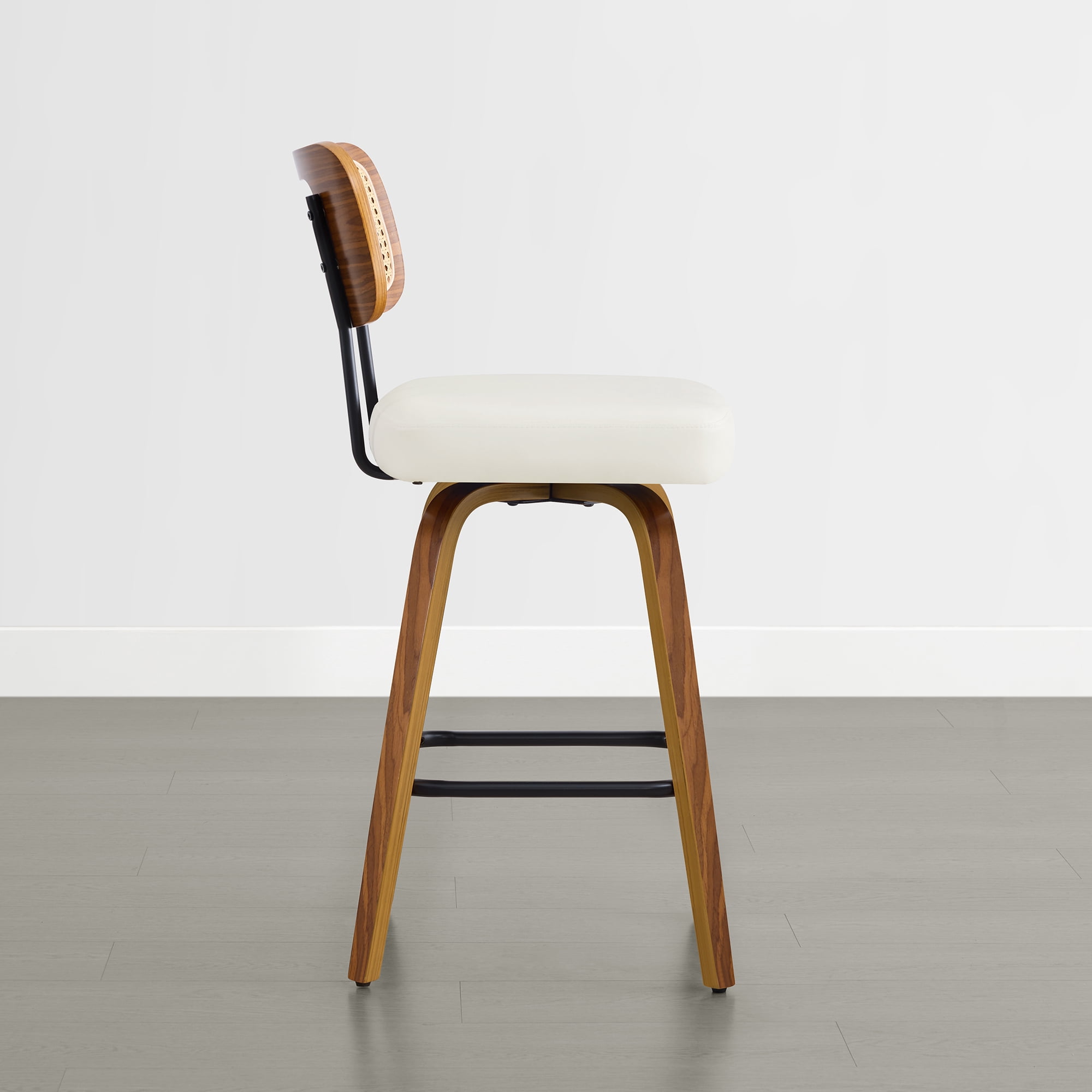 Spruce & Spring 26" Swivel Counter Bar Stool with Walnut Bentwood Frame Set of 3, PE Rattan Back, Ivory