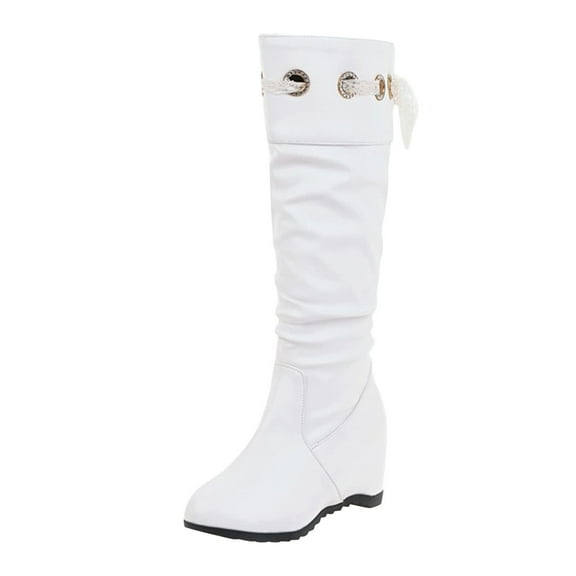 Fesfesfes Tall Boots for Young Ladies Warm Solid Knee High Boots Round Toe Lace Bandage Booties High Heel Boots Shoes US:6.5(38)
