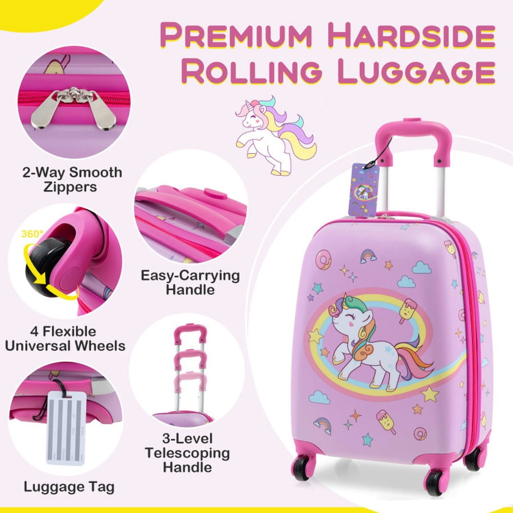 Topcobe 5 Piece Kids Luggage Set with Backpack Neck Pillow Name Tag Lunch Bag, Kids Rolling Luggage-Pink