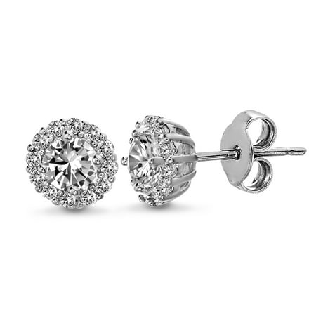 Lesa Michele 4MM Cubic Zirconia Round Halo Stud Earrings in Rhodium Plated Brass for Women