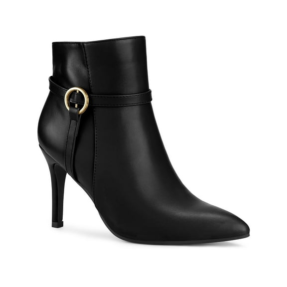 BLISSFUL STEP Pointed Toe Buckle Strap Stiletto Heel Ankle Boots for Women Black (Size 7)