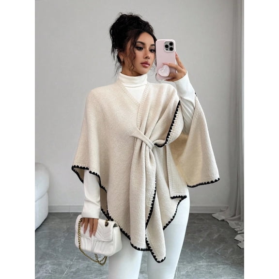 Women Front‑Tie Wrap Cape Shawl, Contrast‑Trim Poncho Cover‑Up, Versatile Layering Cape for Daily Evening Casual Outfits