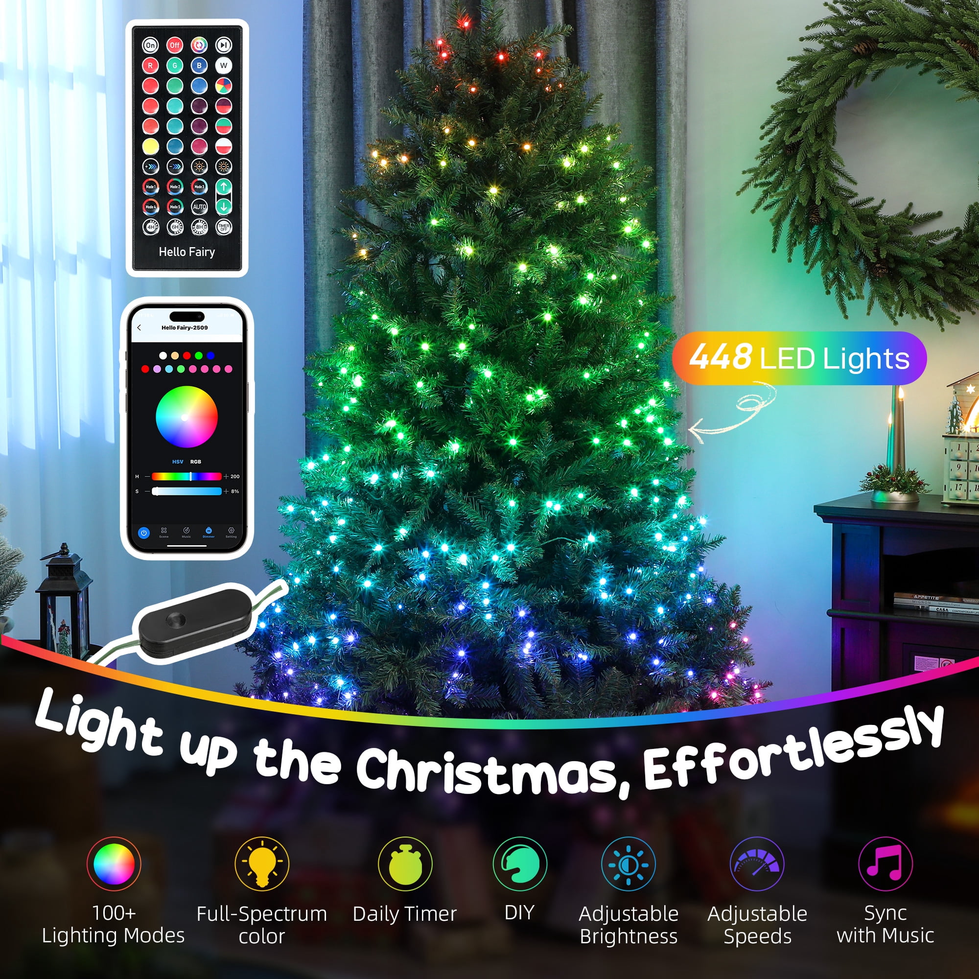 Astoutdoor 6 ft Prelit Christmas Tree with Full-Spectrum LEDs, 448 Lights, 1602 Tips, Steel Frame, Green