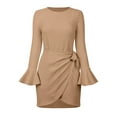 thumbnail image 6 of hirigin Women Spring Autumn Casual Dress Solid Color Round Neck Flare Long Sleeve Mini Dress Fashion Wild Side Tie Knot Dress, 6 of 9