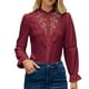 thumbnail image 1 of Blusa retro de encaje con volantes, de manga larga, color rojo oscuro, hueca, de un solo pecho y color puro, talla XL, 1 of 6