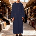 thumbnail image 2 of Muslim Thobe for Men Button down Long Sleeve Henley Cotton Thobe Mens Caftans Big and Tall Mens Arab Thobe with Pocket Size 5XL Dark Blue, 2 of 9