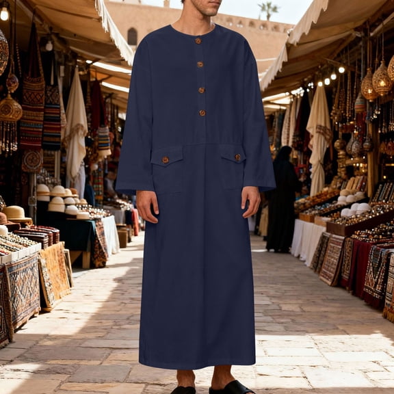 Gamivast Men's Casual Long Robe Button Down Thobe with Pockets Solid Loose Fit Kaftan Breathable Cotton Blend Gown for Muslim Ramadan Prayer Lounging